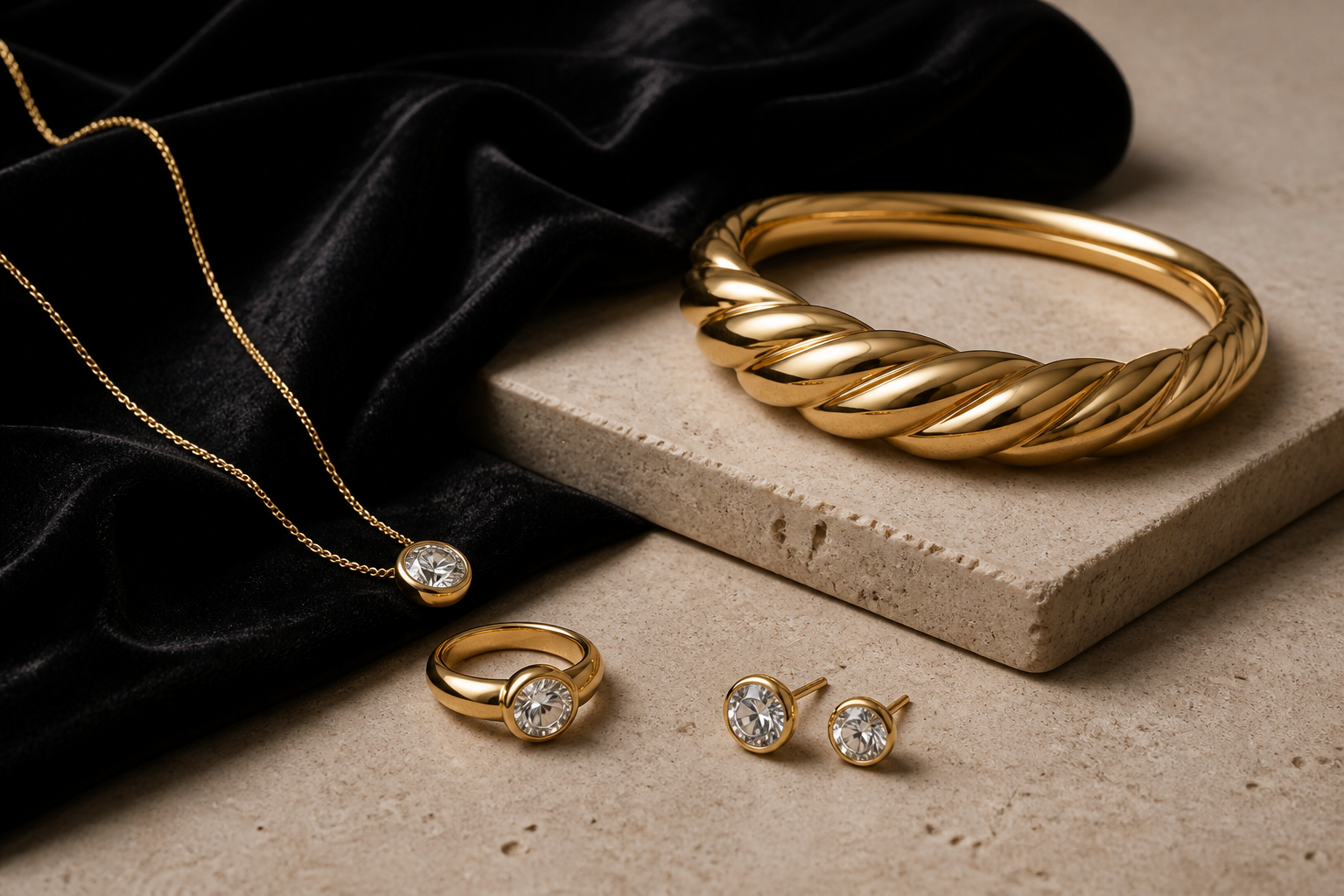 GOLDEEGA™ jewelry collection still life featuring gold, moissanite and sterling silver pieces