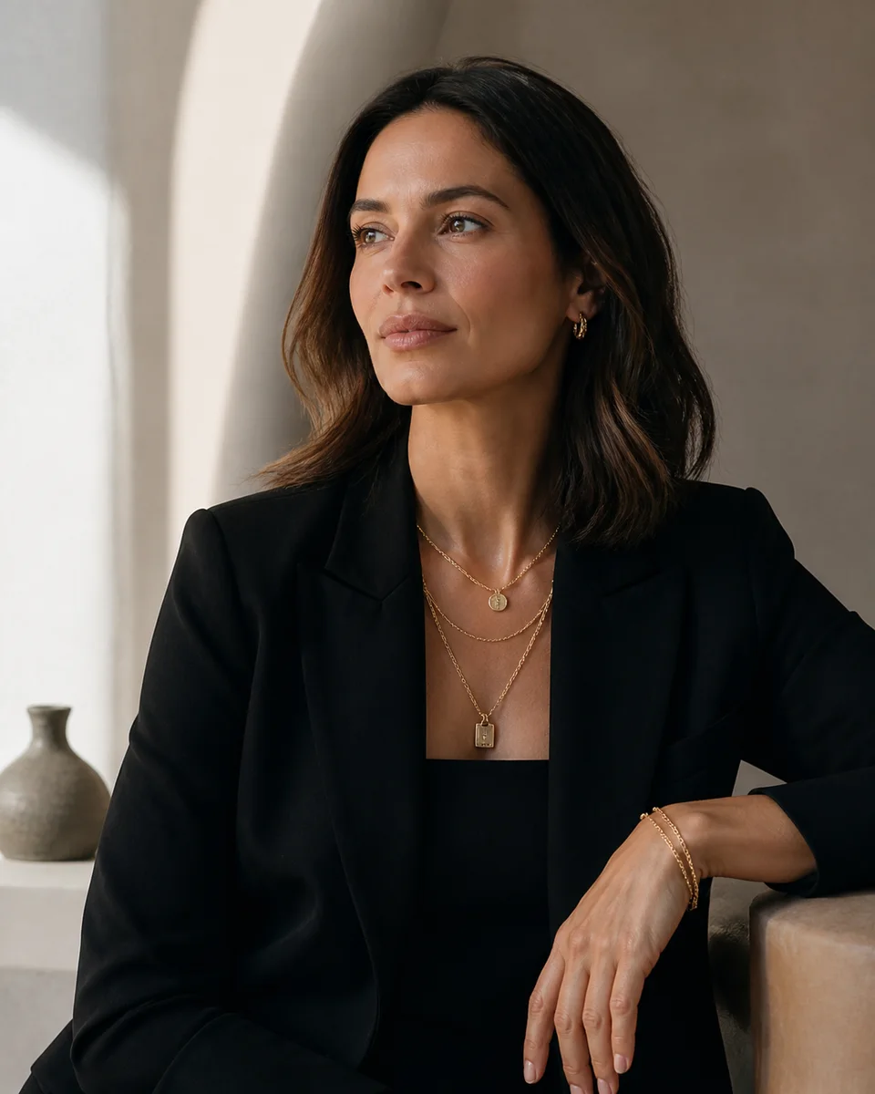 Woman in a black tailored outfit wearing layered gold jewelry in an ivory interior